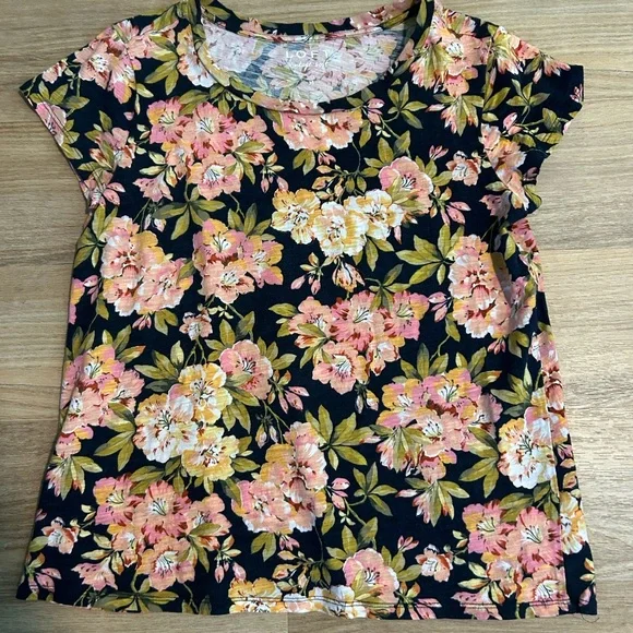 LOFT Vintage Soft Floral Top - Pink and Yellow on Navy Blue - Picture 1 of 3